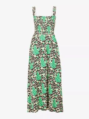ME+EM Smocked Floral Print Midi Dress in Green Black Yellow Size 8